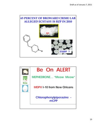 Draft as of January 7, 2011




65 PERCENT OF BROWARD CRIME LAB
   ALLEGED ECSTASY IS BZP IN 2010



                BZP




                         TFMPP ?




         Be On ALERT
      MEPHEDRONE… “Meow Meow”


        MDPV I-10 from New Orleans


         Chlorophenylpiperazine -
                  mCPP




                                                           19
 