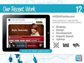 Our Recent Work                                              12
                                   AVEDAFlorida.com
                                   Online presence + sales tool for
                                   statewide network of salon schools

                                       Strategy
                                       Design
                                       Development
                                       Organic Search
                                       Upkeep



        CLICK TO VIEW CASE STUDY
 