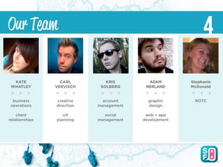 Our Team                                                    4
  KATE            CARL         KRIS        ADAM        Stephanie
 WHATLEY        VERVISCH     SOLBERG      NERLAND      McDonald


  business      creative      account      graphic      ROTC
 operations     direction   management     design

    client         UX          social     web + app
relationships   planning    management   development
 
