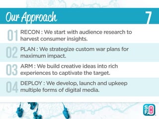 Our Approach                                      7
     RECON : We start with audience research to
01   harvest consumer insights.
     PLAN : We strategize custom war plans for
02   maximum impact.
     ARM : We build creative ideas into rich
03   experiences to captivate the target.
     DEPLOY : We develop, launch and upkeep
04   multiple forms of digital media.
 