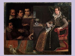 LAVINIA FONTANA: retratista de
Bologna
• Lavinia Fontana se convierte en una afamada
pintora de su ciudad natal, Bologna, en la que
retrata a los más ilustres personajes.
• Al igual que Sofonisba realiza una importante
captación psicológica pero además innova en la
concepción de las composiciones sobre todo en
los retratos de grupo.
• Casada con un pintor de menor rango tuvo once
hijos aunque esto no le impidió convertirse en la
primera pintora con taller propio llegando a
trabajar para la corte papal
 