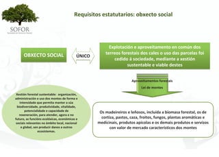 Requisitos estatutarios: obxecto social




                                                          Explotación e aproveitamento en común dos 
      OBXECTO SOCIAL                                    terreos forestais dos cales o uso das parcelas foi 
                                            ÚNICO
                                                            cedido á sociedade, mediante a xestión 
                                                                   sustentable e viable destes


                                                                       Aproveitamentos forestais
                                                                            Lei de montes
 Xestión forestal sustentable:  organización, 
administración e uso dos montes de forma e 
    intensidade que permita manter a súa 
  biodiversidade, produtividade, vitalidade, 
        potencialidade e capacidade de               Os madeireiros e leñosos, incluída a biomasa forestal, os de 
   rexeneración, para atender, agora e no 
futuro, as funcións ecolóxicas, económicas e          cortiza, pastos, caza, froitos, fungos, plantas aromáticas e 
 sociais relevantes no ámbito local, nacional       medicinais, produtos apícolas e os demais produtos e servizos 
     e global, sen producir danos a outros                 con valor de mercado característicos dos montes
                  ecosistemas.




                                                      - 19 -
 