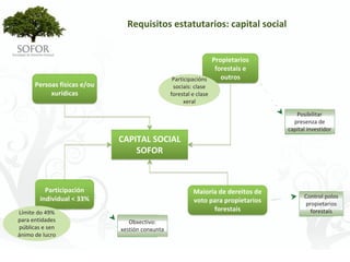 Requisitos estatutarios: capital social


                                                                 Propietarios 
                                                                  forestais e 
                                                 Participacións     outros
      Persoas físicas e/ou                        sociais: clase 
           xurídicas                             forestal e clase 
                                                      xeral

                                                                                        Posibilitar 
                                                                                       presenza de 
                                                                                     capital investidor 
                              CAPITAL SOCIAL
                                  SOFOR



          Participación                                    Maioría de dereitos de 
        individual < 33%                                                                   Control polos 
                                                           voto para propietarios          propietarios 
Límite do 49% 
                                                                 forestais                   forestais 
para entidades                   Obxectivo:
públicas e sen                xestión conxunta
ánimo de lucro




                                                  - 20 -
 