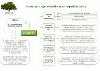 Estatutos: o capital social e as participacións sociais

                                                                                Participacións en que se divide
                                                      Importe
                                                         do                              Valor nominal
                                                    capital social
            CAPITAL                                                                  Clases forestal e xeral
                E
         PARTICIPACIÓNS                              Distintos        Identificar o nº de votos de cada participación ós 
                                                    dereitos de           efectos de tomar acordos na xunta xeral
                                                       voto            (maioría dos dereitos de voto de clase forestal)

                                ESTATUTOS
                                                     Diferente             Determinar os dereitos económicos das 
                                                   participación      participacións sociais nos beneficios da sociedade 
 O capital divídese en participacións              nos beneficios      (podería ser diferente na clase forestal e xeral)
    integradas polas achegas dos 
     socios/as (partes alícuotas, 
  indivisibles e acumulables). Cada 
                                                    Distribución     Obrigatorio fixar unha porcentaxe sobre o resultado 
participación confírelle ao seu titular 
                                                   dun dividendo      positivo do exercicio ou outro criterio obxectivo 
a condición de persoa socia e os seus 
                                                      mínimo                         fixado nos estatutos
          dereitos como tal.

Non poden estar representadas por 
títulos ou anotacións en conta, nin                                     Posibilidade retribución de dividendos mínima:
                                                     Dividendos 
   chamarse accións, e non terán                                     tipo de xuro de mercado máis tipo adicional sobre o 
                                                    clase “xeral”
         carácter de valores                                                            capital investido




                                                        - 48 -
 