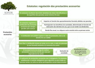 Estatutos: regulación das prestacións accesorias

               Os estatutos recollerán descrición detallada dos datos identificativos e 
                         da superficie das parcelas: prazo mínimo 25 anos


                                                     Importe en función dos aproveitamentos forestais obtidos nas parcelas
               Os estatutos regularán a 
               retribución da prestación             Participación nos beneficios da sociedade, determinada en función da 
                 accesoria que cómpre                   valoración dos dereitos de uso, que se vai recibir vía dividendos
                 percibir polo socio/a
                                                       Renda fixa anual, ou calquera outro acordo entre as persoas socias
Prestacións 
accesorias
                  A retribución non poderá superar o valor da prestación, isto é, do 
                                       dereito de uso cedido


               Para fixar a retribución terase en conta, se é o caso, o valor do plantado 
                            (o voo forestal) existente no momento da cesión

                                                                                                 Penalización no caso 
                    O incumprimento da obriga de realizar 
                                                                              Exclusión da         de incumprimento 
                  prestacións accesorias (aínda que sexa por 
                                                                               sociedade          imputable á persoa 
                            imprudencia do socio)                                                         socia

               A realización de prestacións accesorias non é obrigatoria. Os estatutos 
                 establecerán o carácter obrigatorio para algunhas ou para todas as 
               persoas socias, ou unha ou varias participacións sociais determinadas




                                                      - 49 -
 