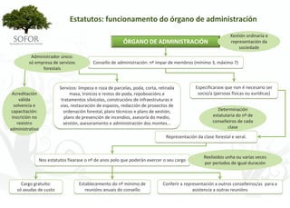 Estatutos: funcionamento do órgano de administración
                                                                                                                   Xestión ordinaria e 
                                                            ÓRGANO DE ADMINISTRACIÓN                               representación da 
                                                                                                                       sociedade
          Administrador único:
         só empresa de servizos              Consello de administración: nº impar de membros (mínimo 3, máximo 7)
               forestais


                            Servizos: limpeza e roza de parcelas, poda, corta, retirada           Especificarase que non é necesario ser 
 Acreditación                     masa, troncos e restos de poda, repoboacións e                   socio/a (persoas físicas ou xurídicas)
     válida                  tratamentos silvícolas, construcións de infraestruturas e 
  solvencia e               vías, restauración de espazos, redacción de proxectos de 
 capacitación:                ordenación forestal, plans técnicos e plans de xestión,                       Determinación 
 inscrición no                 plans de prevención de incendios, asesoría do medio,                       estatutaria do nº de 
    rexistro                  xestión, asesoramento e administración dos montes...                        conselleiros de cada 
administrativo                                                                                                    clase
                                                                                   Representación da clase forestal e xeral.



                                                                                                      Reelixidos unha ou varias veces 
                  Nos estatutos fixarase o nº de anos polo que poderán exercer o seu cargo
                                                                                                      por períodos de igual duración



     Cargo gratuíto:                 Establecemento do nº mínimo de              Conferir a representación a outros conselleiros/as  para a 
   só axudas de custo                   reunións anuais do consello                             asistencia a outras reunións




                                                                   - 56 -
 