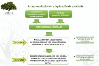 Estatutos: disolución e liquidación da sociedade
               Causa legal ou 
                                                  Perda da
            estatutaria aprobada 
                                             condición de SOFOR
              pola xunta xeral




                     DISOLUCIÓN DA SOCIEDADE




                                                                   Tutela dos dereitos do 
                  NOMEAMENTO DE LIQUIDADORES
                                                                        minoritario 
ESTATUTOS     DE MUTUO ACORDO COA DIRECCIÓN XERAL 
                COMPETENTE EN MATERIA DE MONTES




             DEREITO DAS PERSOAS SOCIAS CON ACHEGA                Tutela da propiedade das 
              NON MONETARIA, PARA RECUPERALAS EN                       persoas socias
ESTATUTOS    PRIMEIRO LUGAR, MEDIANTE A DEVOLUCIÓN 
                             DESTAS




                                    - 61 -
 