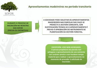 Aproveitamentos madeireiros no período transitorio



                                 A SOCIEDADE PODE SOLICITAR OS APROVEITAMENTOS 
DURANTE O PROCESO DE                  MADEIREIROS NAS PARCELAS DAS CALES SE 
INSCRICIÓN NO REXISTRO                  PROXECTA A XESTIÓN CONXUNTA, CON 
       DAS SOFOR                   XUSTIFICACIÓN TÉCNICA SE O APROVEITAMENTO É
 (PREVIA OU DEFINITIVA)              PREVIO Á APROBACIÓN DO INSTRUMENTO DE 
                                        PLANIFICACIÓN DA XESTIÓN FORESTAL.




                                         EXCEPCIÓN: VOO NON ACHEGADO.
                                         A persoa propietaria da parcela non 
                                     achegase o aproveitamento do voo existente 
                                      con carácter previo e non houbese tempo 
                                      material para realizar o aproveitamento no 
                                        momento de proceder á solicitude da 
                                                      inscrición.




                                     - 65 -
 