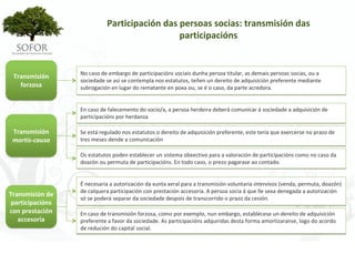 Participación das persoas socias: transmisión das 
                                               participacións


                   No caso de embargo de participacións sociais dunha persoa titular, as demais persoas socias, ou a 
 Transmisión 
                   sociedade se así se contempla nos estatutos, teñen un dereito de adquisición preferente mediante 
   forzosa         subrogación en lugar do rematante en poxa ou, se é o caso, da parte acredora.


                   En caso de falecemento do socio/a, a persoa herdeira deberá comunicar á sociedade a adquisición de 
                   participacións por herdanza

 Transmisión       Se está regulado nos estatutos o dereito de adquisición preferente, este tería que exercerse no prazo de 
 mortis‐causa      tres meses dende a comunicación

                   Os estatutos poden establecer un sistema obxectivo para a valoración de participacións como no caso da 
                   doazón ou permuta de participacións. En todo caso, o prezo pagarase ao contado.


                   É necesaria a autorización da xunta xeral para a transmisión voluntaria intervivos (venda, permuta, doazón) 
                   de calquera participación con prestación accesoria. A persoa socia á que lle sexa denegada a autorización 
Transmisión de 
                   só se poderá separar da sociedade despois de transcorrido o prazo da cesión.
 participacións 
con prestación     En caso de transmisión forzosa, como por exemplo, nun embargo, establécese un dereito de adquisición 
   accesoria       preferente a favor da sociedade. As participacións adquiridas desta forma amortizaranse, logo do acordo 
                   de redución do capital social.




                                                      - 82 -
 