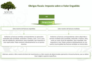 Obrigas fiscais: Imposto sobre o Valor Engadido



                                                                       IVE


                                                              Obriga a levar


               Libro rexistro de facturas expedidas                                       Libro rexistro de facturas recibidas




  Anótanse as facturas emitidas correspondentes ás operacións                 Anótanse as facturas correspondentes a bens adquiridos e 
realizadas pola sociedade, anotando o número, serie , se é o caso,           servizos recibidos pola sociedade, indicando o número, data, 
data de expedición, destinatario, base impoñible, tipo impositivo e            nome ou razón social do expedidor, base impoñible, tipo 
 cota repercutida. Poden anotarse individualmente ou en asentos               impositivo e cota. Poden anotarse individualmente ou nun 
                            resumos.                                         asento resumo global das facturas recibidas na mesma data.




Ademais, existen o libro rexistro de bens de investimento e o libro rexistro de determinadas operacións intracomunitarias, que se deben 
                                                    levar nalgúns supostos específicos.




                                                               - 101 -
 
