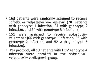 • 163 patients were randomly assigned to receive
sofosbuvir–velpatasvir–voxilaprevir (78 patients
with genotype 1 infection, 31 with genotype 2
infection, and 54 with genotype 3 infection),
• 151 were assigned to receive sofosbuvir–
velpatasvir (66 with genotype 1 infection, 33 with
genotype 2 infection, and 52 with genotype 3
infection).
• Per protocol, all 19 patients with HCV genotype 4
infection were enrolled in the sofosbuvir–
velpatasvir– voxilaprevir group.
 