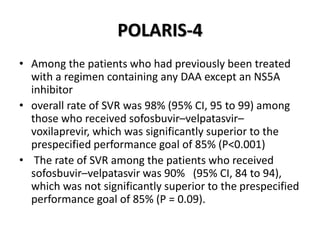 POLARIS-4
• Among the patients who had previously been treated
with a regimen containing any DAA except an NS5A
inhibitor
• overall rate of SVR was 98% (95% CI, 95 to 99) among
those who received sofosbuvir–velpatasvir–
voxilaprevir, which was significantly superior to the
prespecified performance goal of 85% (P<0.001)
• The rate of SVR among the patients who received
sofosbuvir–velpatasvir was 90% (95% CI, 84 to 94),
which was not significantly superior to the prespecified
performance goal of 85% (P = 0.09).
 