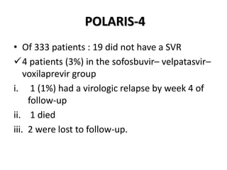 POLARIS-4
• Of 333 patients : 19 did not have a SVR
4 patients (3%) in the sofosbuvir– velpatasvir–
voxilaprevir group
i. 1 (1%) had a virologic relapse by week 4 of
follow-up
ii. 1 died
iii. 2 were lost to follow-up.
 