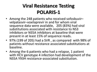 Viral Resistance Testing
POLARIS-1
• Among the 248 patients who received sofosbuvir–
velpatasvir–voxilaprevir in and for whom viral
sequence data were available, 205 (83%) had viral
substitutions associated with resistance to NS3
inhibitors or NS5A inhibitors at baseline that were
present in at least 15% of sequence reads.
• 97% (199 of 205) had a SVR , as compared with 98% of
patients without resistance associated substitutions at
baseline.
• Among the 6 patients who had a relapse, 1 patient
with HCV genotype 4 infection had development of the
NS5A Y93H resistance-associated substitution.
 