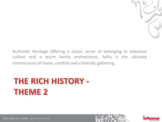 Authentic Heritage Offering a classic sense of belonging to Lebanese
culture and a warm family environment, Sofra is the ultimate
reminiscence of home, comfort and a friendly gathering.
 