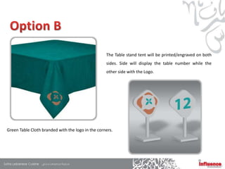 The Table stand tent will be printed/engraved on both
                                                   sides. Side will display the table number while the
                                                   other side with the Logo.




Green Table Cloth branded with the logo in the corners.
 