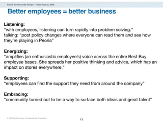 Social Business By Design | Date August, 2009


 Better employees = better business
Listening:
“with employees, listening can turn rapidly into problem solving.”
talking: “post policy changes where everyone can read them and see how
they’re playing in Peoria”

Energizing:
“ampliﬁes (an enthusiastic employee’s) voice across the entire Best Buy
employee bases. She spreads her positive thinking and advice, which has an
impact on stores everywhere.”

Supporting:
“employees can ﬁnd the support they need from around the company”

Embracing:
“community turned out to be a way to surface both ideas and great talent”



 ® 2009 Dachis Group. Conﬁdential and Proprietary
                                                    11
 