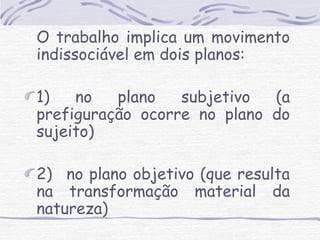 O trabalho implica um movimento 
indissociável em dois planos: 
1) no plano subjetivo (a 
prefiguração ocorre no plano do 
sujeito) 
2) no plano objetivo (que resulta 
na transformação material da 
natureza) 
 