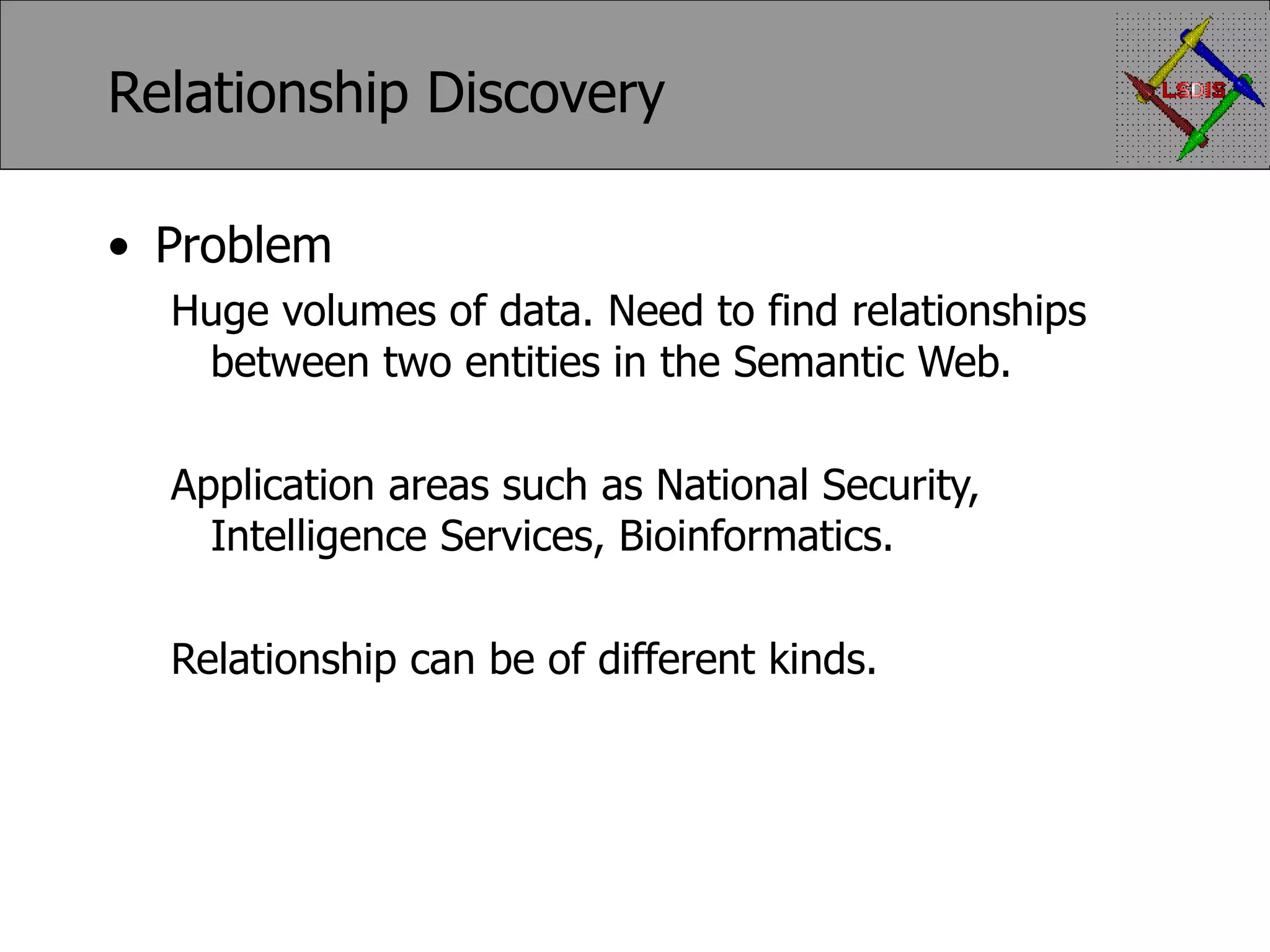 Relationship Discovery Problem Huge volumes of data. Need to find relationships between two entities in the Semantic Web. Application areas such as National Security, Intelligence Services, Bioinformatics. Relationship can be of different kinds. 