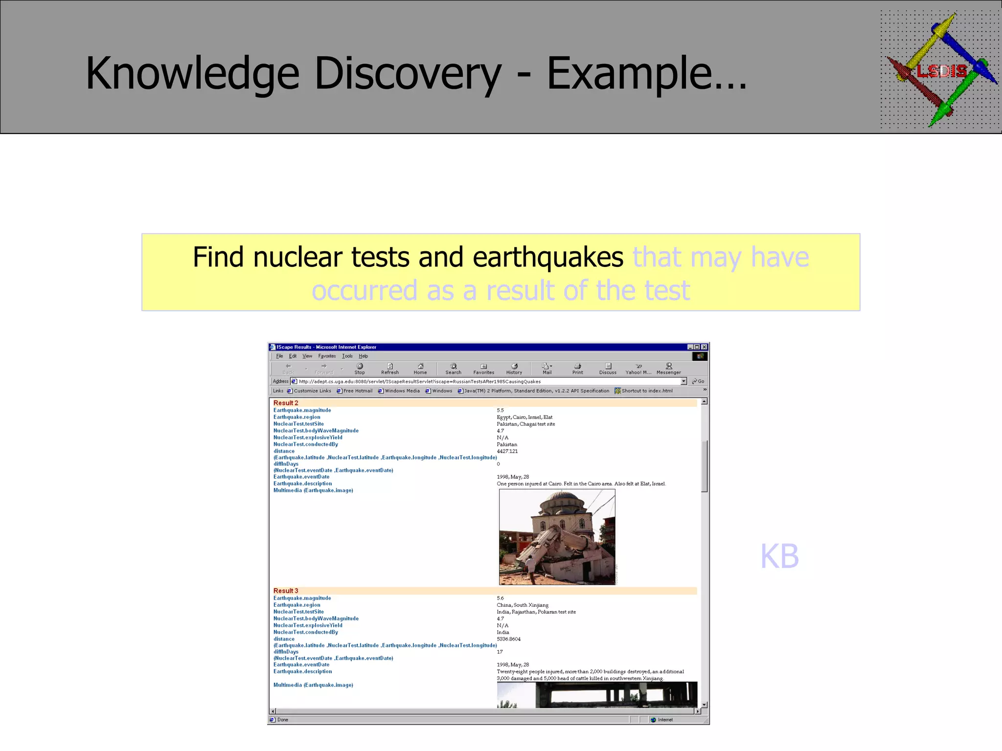 Knowledge Discovery - Example… Find nuclear tests and earthquakes that may have occurred as a result of the test KB 