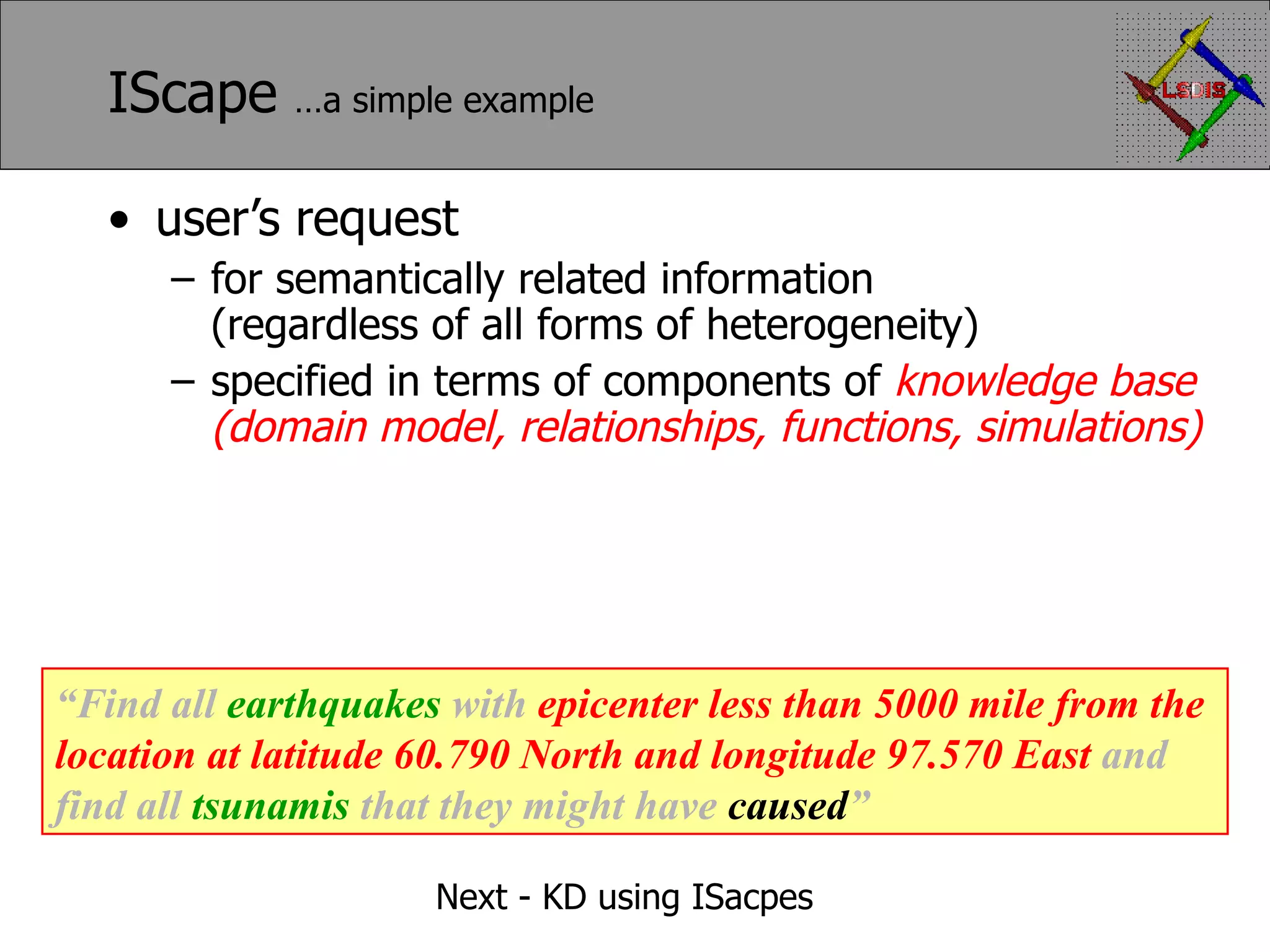 IScape …a simple example user’s request for semantically related information (regardless of all forms of heterogeneity) specified in terms of components of knowledge base (domain model, relationships, functions, simulations) “ Find all earthquakes with epicenter less than 5000 mile from the location at latitude 60.790 North and longitude 97.570 East and find all tsunamis that they might have caused ” Next - KD using ISacpes 
