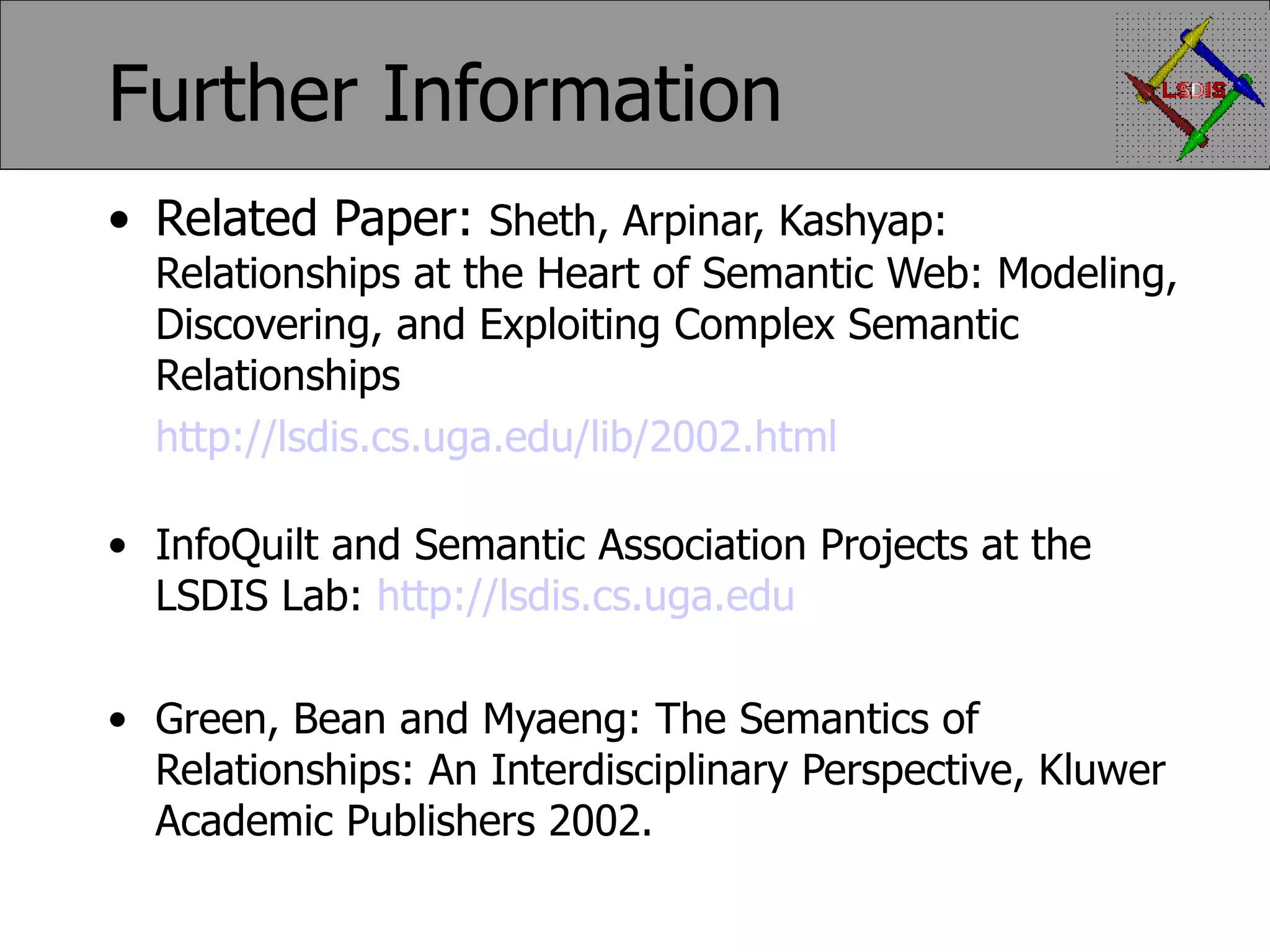 Further Information Related Paper: Sheth, Arpinar, Kashyap: Relationships at the Heart of Semantic Web: Modeling, Discovering, and Exploiting Complex Semantic Relationships http://lsdis.cs.uga.edu/lib/2002.html InfoQuilt and Semantic Association Projects at the LSDIS Lab: http://lsdis.cs.uga.edu Green, Bean and Myaeng: The Semantics of Relationships: An Interdisciplinary Perspective, Kluwer Academic Publishers 2002. 