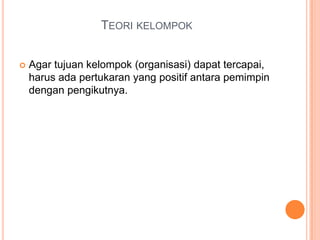 TEORI KELOMPOK


Agar tujuan kelompok (organisasi) dapat tercapai,
harus ada pertukaran yang positif antara pemimpin
dengan pengikutnya.

 