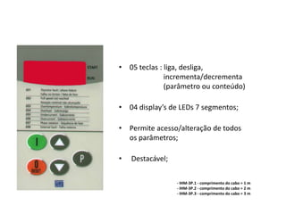 • 05 teclas : liga, desliga,
incrementa/decrementa
(parâmetro ou conteúdo)
• 04 display’s de LEDs 7 segmentos;
• Permite acesso/alteração de todos
os parâmetros;
•

Destacável;
- IHM-3P.1 - comprimento do cabo = 1 m
- IHM-3P.2 - comprimento do cabo = 2 m
- IHM-3P.3 - comprimento do cabo = 3 m

 