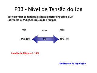 P33 - Nível de Tensão do Jog
Define o valor de tensão aplicada ao motor enquanto a DI4
estiver em 24 VCC (Após realizada a rampa).

mín
25% UN

faixa
1%

máx
50% UN

Padrão de fábrica  25%

Parâmetro de regulação

 