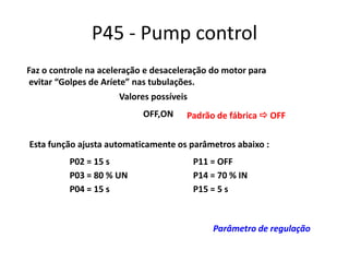 P45 - Pump control
Faz o controle na aceleração e desaceleração do motor para
evitar “Golpes de Aríete” nas tubulações.
Valores possíveis
OFF,ON

Padrão de fábrica  OFF

Esta função ajusta automaticamente os parâmetros abaixo :
P02 = 15 s
P03 = 80 % UN
P04 = 15 s

P11 = OFF
P14 = 70 % IN
P15 = 5 s

Parâmetro de regulação

 