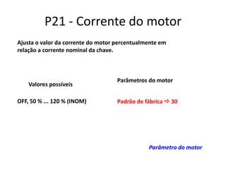 P21 - Corrente do motor
Ajusta o valor da corrente do motor percentualmente em
relação a corrente nominal da chave.

Valores possíveis
OFF, 50 % ... 120 % (INOM)

Parâmetros do motor
Padrão de fábrica  30

Parâmetro do motor

 