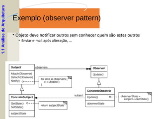 Exemplo (observer pattern)
• Objeto deve notificar outros sem conhecer quem são estes outros
• Enviar e-mail após alteração, ...
1.1AnálisedeArquitetura
 