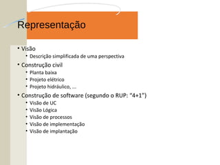 Representação
• Visão
• Descrição simplificada de uma perspectiva
• Construção civil
• Planta baixa
• Projeto elétrico
• Projeto hidráulico, ...
• Construção de software (segundo o RUP: “4+1”)
• Visão de UC
• Visão Lógica
• Visão de processos
• Visão de implementação
• Visão de implantação
 