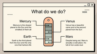 What do we do?
Venus
Venus has a beautiful
name and is the second
planet from the Sun
Earth
Mercury is the closest
planet to the Sun and the
smallest of them all
Earth is the third planet
from the Sun and the only
one that harbors life
Mars
Despite being red, Mars is
actually a cold place. It's
full of iron oxide dust
Mercury
 