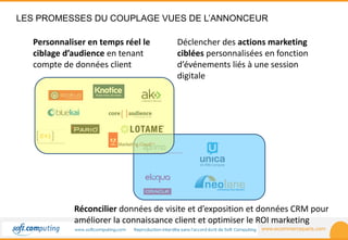 www.ecommerceparis.com 
LES PROMESSES DU COUPLAGE VUES DE L’ANNONCEUR 
Déclencher des actions marketing 
ciblées personnalisées en fonction 
d’événements liés à une session 
digitale 
Personnaliser en temps réel le 
ciblage d’audience en tenant 
compte de données client 
Réconcilier données de visite et d’exposition et données CRM pour 
améliorer la connaissance client et optimiser le ROI marketing 
 