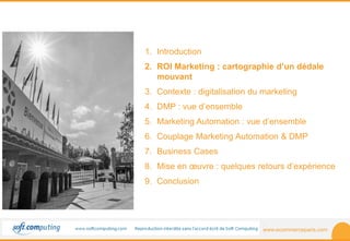 www.ecommerceparis.com 
SOMMAIRE 
1. Introduction 
2. ROI Marketing : cartographie d’un dédale 
mouvant 
3. Contexte : digitalisation du marketing 
4. DMP : vue d’ensemble 
5. Marketing Automation : vue d’ensemble 
6. Couplage Marketing Automation & DMP 
7. Business Cases 
8. Mise en oeuvre : quelques retours d’expérience 
9. Conclusion 
 
