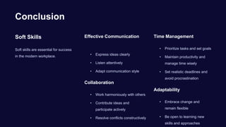 Conclusion
Soft Skills
Soft skills are essential for success
in the modern workplace.
Effective Communication
• Express ideas clearly
• Listen attentively
• Adapt communication style
Collaboration
• Work harmoniously with others
• Contribute ideas and
participate actively
• Resolve conflicts constructively
Time Management
• Prioritize tasks and set goals
• Maintain productivity and
manage time wisely
• Set realistic deadlines and
avoid procrastination
Adaptability
• Embrace change and
remain flexible
• Be open to learning new
skills and approaches
 