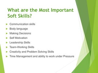What are the Most Important
Soft Skills?
 Communication skills
 Body language
 Making Decisions
 Self Motivation
 Lea...