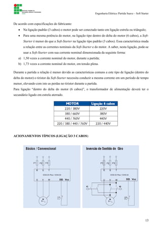 Engenharia Elétrica /Partida Suave – Soft Starter
13
De acordo com especificações do fabricante:
• Na ligação padrão (3 cabos) o motor pode ser conectado tanto em ligação estrela ou triângulo;
• Para uma mesma potência do motor, na ligação tipo dentro do delta do motor (6 cabos), a Soft-
Starter é menor do que a Soft-Starter na ligação tipo padrão (3 cabos). Essa característica muda
a relação entre as correntes nominais da Soft-Starter e do motor. A saber, nesta ligação, pode-se
usar a Soft-Starter com sua corrente nominal dimensionada da seguinte forma:
a) 1,50 vezes a corrente nominal do motor, durante a partida;
b) 1,73 vezes a corrente nominal do motor, em tensão plena.
Durante a partida a relação é menor devido as características comuns a este tipo de ligação (dentro do
delta do motor) o tiristor da Soft-Starter necessita conduzir a mesma corrente em um período de tempo
menor, elevando com isto as perdas no tiristor durante a partida.
Para ligação “dentro do delta do motor (6 cabos)”, o transformador de alimentação deverá ter o
secundário ligado em estrela aterrado.
ACIONAMENTOS TÍPICOS (LIGAÇÃO 3 CABOS)
 