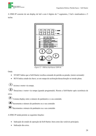 Engenharia Elétrica /Partida Suave – Soft Starter
28
A HMI-3P consiste de um display de led´s com 4 dígitos de 7 segmentos, 2 led´s sinalizadores e 5
teclas.
Figura 12 – HMI da Soft-Starter SSW-04.
Onde:
• START Indica que a Soft-Starter recebeu comando de partida ou parada. (motor acionado)
• RUN Indica estado da chave; se em rampa de aceleração/desaceleração ou tensão plena.
Aciona o motor via rampa.
Desaciona o motor via rampa (quando programado). Reseta a Soft-Starter após ocorrência de
erros.
Comuta display entre o número do parâmetro e o seu conteúdo.
Incrementa o número do parâmetro ou o seu conteúdo
Decrementa o número do parâmetro ou o seu conteúdo
A HMI-3P ainda permite as seguintes funções:
• Indicação do estado de operação da Soft-Starter, bem como das variáveis principais.
• Indicação dos erros.
 