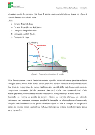 Engenharia Elétrica /Partida Suave – Soft Starter
4
sobreaquecimento dos mesmos. Na figura 1 tem-se a curva característica do torque em relação à
corrente do motor com partida suave.
Onde:
a) Corrente de partida direta
b) Corrente de partida com Soft-Starter
c) Conjugado com partida direta
d) Conjugado com Soft-Starter
e) Conjugado da carga
Figura 1 – Comparativo entre métodos de partida
Além da vantagem do controle da corrente durante a partida, a chave eletrônica apresenta também a
vantagem de não possuir partes móveis ou que gerem arco elétrico, como nas chaves eletromecânicas.
Este é um dos pontos fortes das chaves eletrônicas, pois sua vida útil é mais longa, assim como dos
componentes e acessórios (fusíveis, contatores, cabos, etc.). Ainda, como recurso adicional, a Soft-
Starter apresenta a possibilidade de efetuar a desaceleração suave para cargas de baixa inércia.
Destinadas ao controle da partida de motores elétricos de corrente alternada, são utilizadas
basicamente para partidas de motores de indução CA tipo gaiola, em substituição aos métodos estrela-
triângulo, chave compensadora ou partida direta (ver figura 1). Tem a vantagem de não provocar
trancos no sistema, limitar a corrente de partida, evitar picos de corrente e ainda incorporar parada
suave e proteções.
 