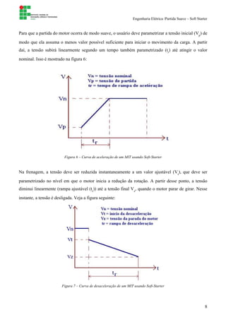 Engenharia Elétrica /Partida Suave – Soft Starter
8
Para que a partida do motor ocorra de modo suave, o usuário deve parametrizar a tensão inicial (Vp
) de
modo que ela assuma o menos valor possível suficiente para iniciar o movimento da carga. A partir
daí, a tensão subirá linearmente segundo um tempo também parametrizado (tr
) até atingir o valor
nominal. Isso é mostrado na figura 6:
Figura 6 – Curva de aceleração de um MIT usando Soft-Starter
Na frenagem, a tensão deve ser reduzida instantaneamente a um valor ajustável (Vt
), que deve ser
parametrizado no nível em que o motor inicia a redução da rotação. A partir desse ponto, a tensão
diminui linearmente (rampa ajustável (tr
)) até a tensão final Vz
, quando o motor parar de girar. Nesse
instante, a tensão é desligada. Veja a figura seguinte:
Figura 7 – Curva de desaceleração de um MIT usando Soft-Starter
 