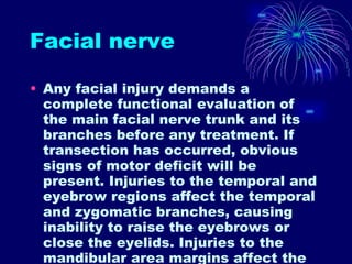 Facial nerve Any facial injury demands a complete functional evaluation of the main facial nerve trunk and its branches before any treatment. If transection has occurred, obvious signs of motor deficit will be present. Injuries to the temporal and eyebrow regions affect the temporal and zygomatic branches, causing inability to raise the eyebrows or close the eyelids. Injuries to the mandibular area margins affect the marginal mandibular, causing inability to frown. Buccal branch injuries cause inability to smile and loss of the nasolabial crease. Infraorbital nerve injury creates wrinkles in the cheek.  