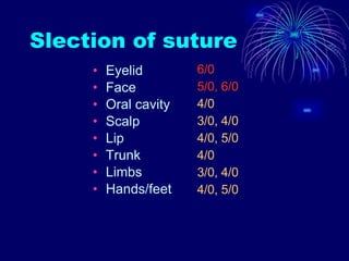 Slection of suture Eyelid Face Oral cavity Scalp Lip Trunk Limbs Hands/feet 6/0 5/0, 6/0 4/0 3/0, 4/0 4/0, 5/0 4/0 3/0, 4/0 4/0, 5/0 