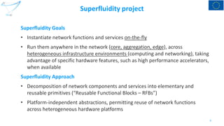 Superfluidity project
Superfluidity Goals
• Instantiate network functions and services on-the-fly
• Run them anywhere in the network (core, aggregation, edge), across
heterogeneous infrastructure environments (computing and networking), taking
advantage of specific hardware features, such as high performance accelerators,
when available
Superfluidity Approach
• Decomposition of network components and services into elementary and
reusable primitives (“Reusable Functional Blocks – RFBs”)
• Platform-independent abstractions, permitting reuse of network functions
across heterogeneous hardware platforms
3
 