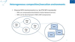 Heterogeneous composition/execution environments
5
• Classical NFV environments (i.e. by ETSI NFV standards)
– VNFs are composed/orchestrated to realize Network Services
– VNFs can be decomposed in VNFC (VNF Components)
«Big»
VNF
«Big»
VNF
«Big»
VNF
«Big»
VNF
VNFC
VNFC
VNFC
VM
VM
 