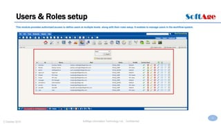 15
SoftAge Information Technology Ltd. : Confidential2 October 2015
Users & Roles setup
This module provides authorized access to define users at multiple levels along with their roles setup. It enables to manage users in the workflow system.
 