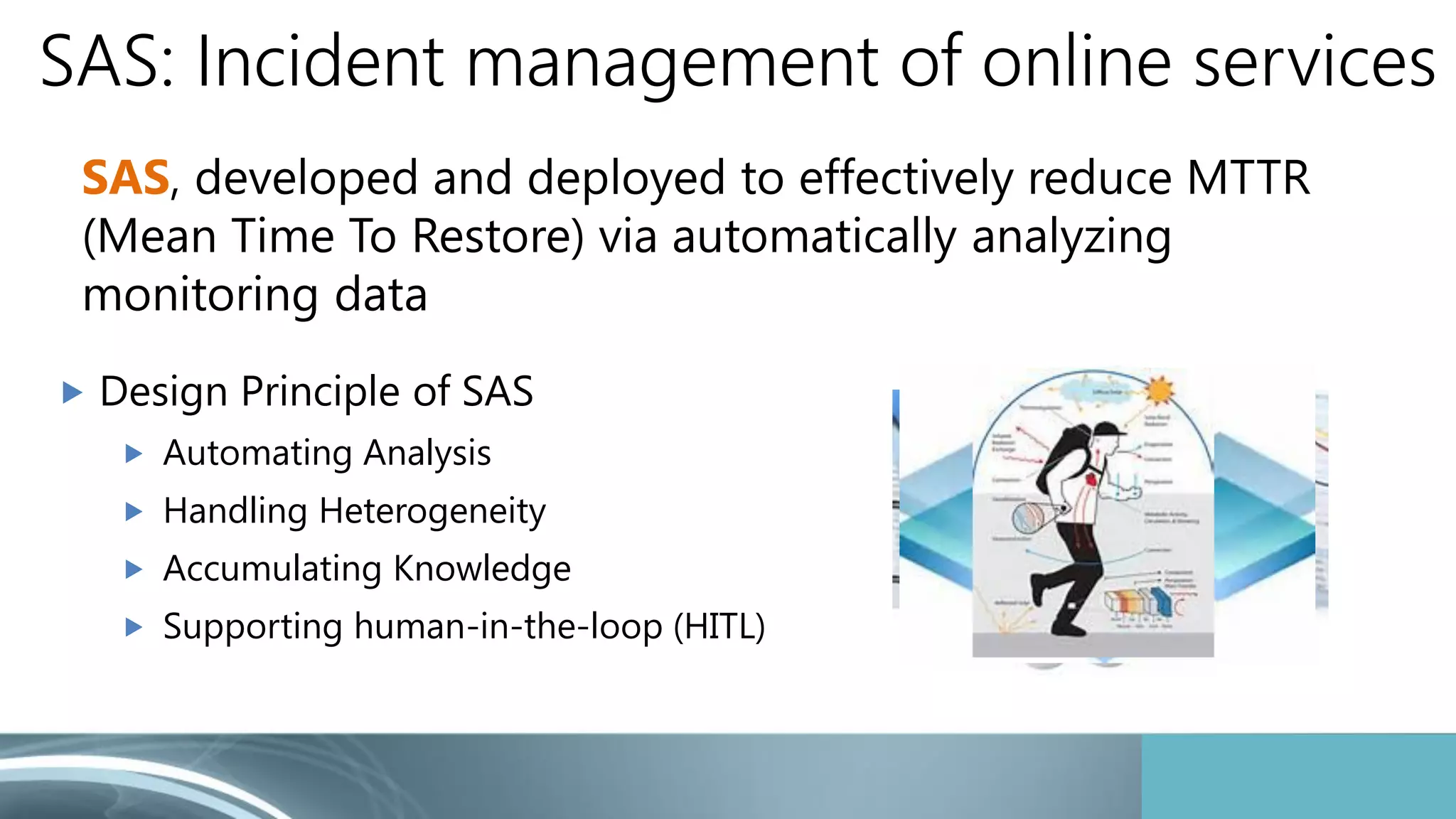 SAS: Incident management of online services 
SAS, developed and deployed to effectively reduce MTTR 
(Mean Time To Restore) via automatically analyzing 
monitoring data 
2 
6 
 Design Principle of SAS 
 Automating Analysis 
 Handling Heterogeneity 
 Accumulating Knowledge 
 Supporting human-in-the-loop (HITL) 
 