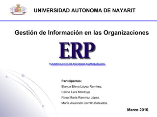 UNIVERSIDAD AUTONOMA DE NAYARIT Gestión de Información en las Organizaciones Marzo 2010. Participantes: Blanca Elena López Ramírez. Celina Lara Montoya Rosa María Ramírez López. María Asunción Carrillo Bañuelos. 