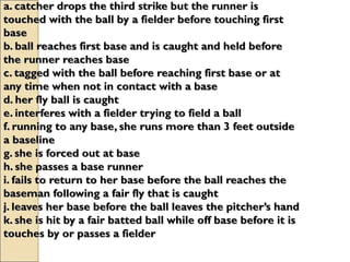a. catcher drops the third strike but the runner is
touched with the ball by a fielder before touching first
base
b. ball reaches first base and is caught and held before
the runner reaches base
c. tagged with the ball before reaching first base or at
any time when not in contact with a base
d. her fly ball is caught
e. interferes with a fielder trying to field a ball
f. running to any base, she runs more than 3 feet outside
a baseline
g. she is forced out at base
h. she passes a base runner
i. fails to return to her base before the ball reaches the
baseman following a fair fly that is caught
j. leaves her base before the ball leaves the pitcher’s hand
k. she is hit by a fair batted ball while off base before it is
touches by or passes a fielder
 